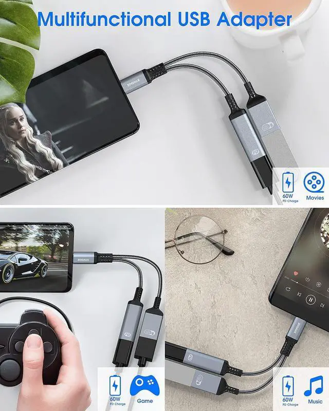 Alt view image 6 of 7 - USB C to USB OTG Adapter and Charger Cable 2 in 1 USB-C Splitter with 60W PD Charging Type C OTG and USB A Female Port for Chromecast Google TV iPad Pro Samsung iPhone 16 15 Pixel LG