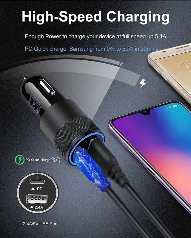 Alt view image 2 of 7 - 30W USB C Car Charger, [2Pack] PD 3.0 Fast Charge Dual Port USB Type C and 2.4a USB A Cargador Carro Lighter Adapter Base for iPhone, iPad, Samsung Galaxy, LG, Google Pixel GPS, Z Play Droid, Motorola