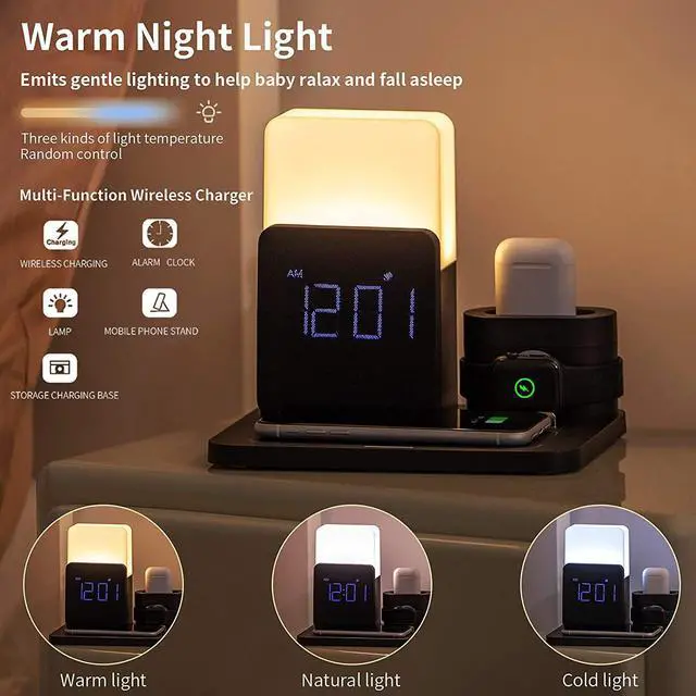 Alt view image 3 of 6 - Wireless Charger,3 in 1 Fast Charging Station with Digital Alarm Clock and Night Light,Compatible for iPhone 13/13 Pro/12/12Pro Max/11 Series/XS Mas/XR/XS/8/8 Plus/iwatch/AirPods/Samsung Galaxy