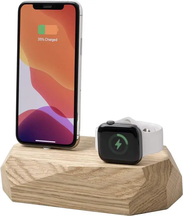 Main image of Oakywood Solid Wood Combo Dock Compatible with iPhone and Apple Watch, for 2 Apple Devices, Cord Lincluded, Wooden Docking Station Stand, Handcrafted, Natural Wood. Hand Polished, Oak