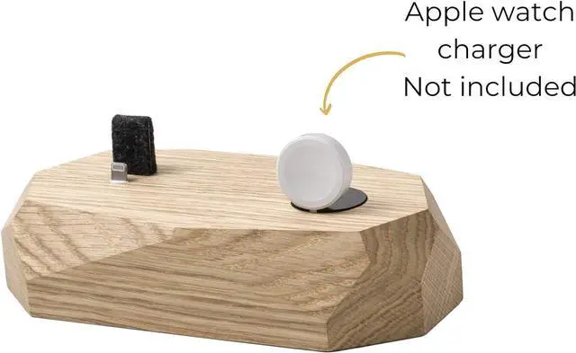 Alt view image 2 of 5 - Oakywood Solid Wood Combo Dock Compatible with iPhone and Apple Watch, for 2 Apple Devices, Cord Lincluded, Wooden Docking Station Stand, Handcrafted, Natural Wood. Hand Polished, Oak