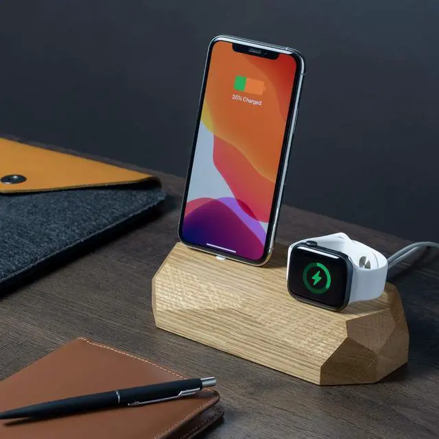 Alt view image 4 of 5 - Oakywood Solid Wood Combo Dock Compatible with iPhone and Apple Watch, for 2 Apple Devices, Cord Lincluded, Wooden Docking Station Stand, Handcrafted, Natural Wood. Hand Polished, Oak