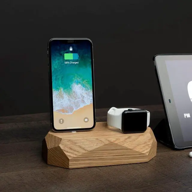 Alt view image 5 of 5 - Oakywood Solid Wood Combo Dock Compatible with iPhone and Apple Watch, for 2 Apple Devices, Cord Lincluded, Wooden Docking Station Stand, Handcrafted, Natural Wood. Hand Polished, Oak