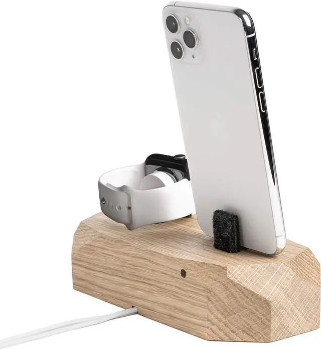 Alt view image 3 of 5 - Oakywood Solid Wood Combo Dock Compatible with iPhone and Apple Watch, for 2 Apple Devices, Cord Lincluded, Wooden Docking Station Stand, Handcrafted, Natural Wood. Hand Polished, Oak