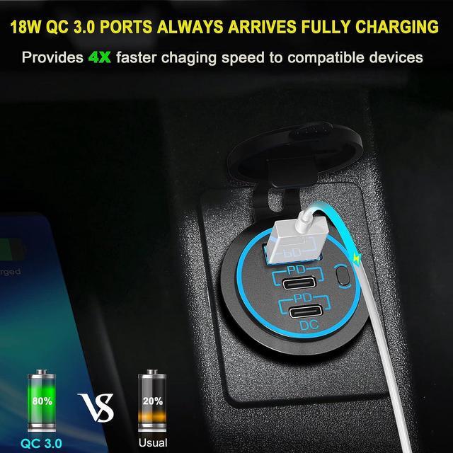 Alt view image 4 of 7 - 12V USB Outlet USB C Car Charger Socket  Newest 58W Lengthened RV USB Outlet 12V Socket Dual 20W PD3.0 USB-C and 18W QC3.0 Car USB Port with Button Power Switch for Car Boat Marine RV Motorcycle