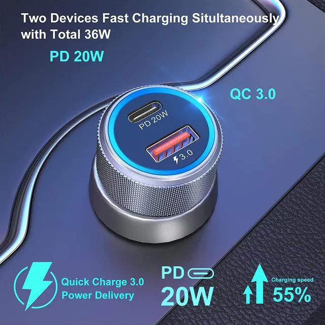 Alt view image 2 of 7 - 5 Pack USB C Car Charger 36W Dual USB Car Adapter Fast Charge PD&QC 3.0 Cigarette Lighter USB Charger Compatible iPhone 15 14 13 12 11 Pro Max SE iPad Samung S24/S21/S20 Pixel(Grey)