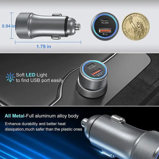 Alt view image 4 of 7 - 5 Pack USB C Car Charger 36W Dual USB Car Adapter Fast Charge PD&QC 3.0 Cigarette Lighter USB Charger Compatible iPhone 15 14 13 12 11 Pro Max SE iPad Samung S24/S21/S20 Pixel(Grey)