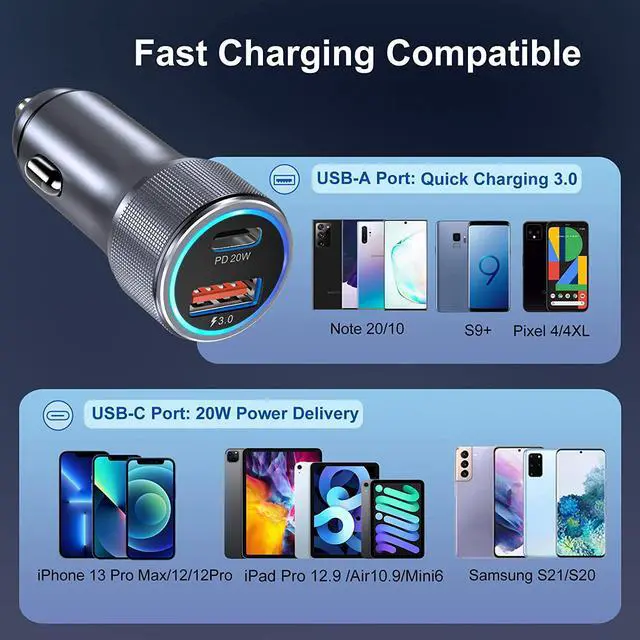 Alt view image 7 of 7 - 5 Pack USB C Car Charger 36W Dual USB Car Adapter Fast Charge PD&QC 3.0 Cigarette Lighter USB Charger Compatible iPhone 15 14 13 12 11 Pro Max SE iPad Samung S24/S21/S20 Pixel(Grey)