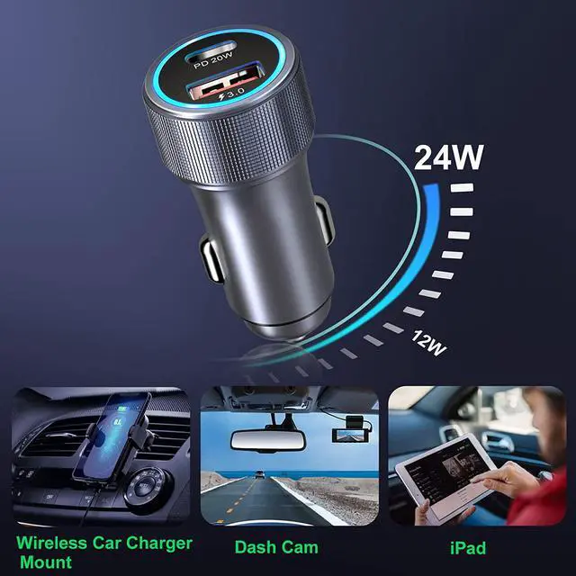 Alt view image 6 of 7 - 5 Pack USB C Car Charger 36W Dual USB Car Adapter Fast Charge PD&QC 3.0 Cigarette Lighter USB Charger Compatible iPhone 15 14 13 12 11 Pro Max SE iPad Samung S24/S21/S20 Pixel(Grey)