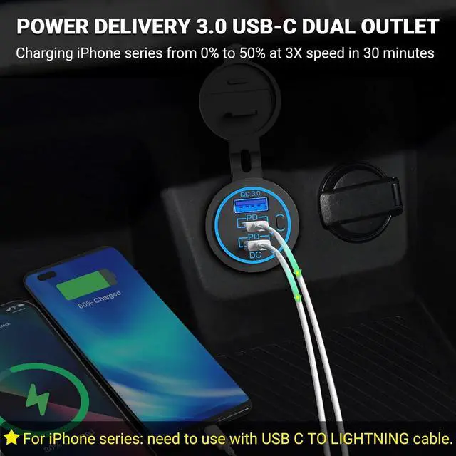 Alt view image 3 of 7 - USB C Car Charger Socket 12V USB Outlet 2 Pack 78W RV USB Outlet Dual 30W PD USB-C and 18W QC3.0 Car USB Port with Button Switch Waterproof for Car RV Boat Marine Truck Motorcycle ect