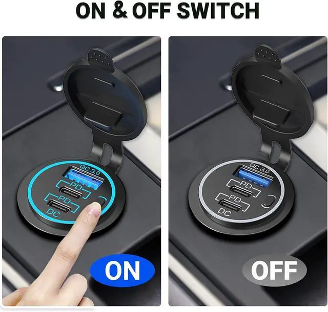 Alt view image 5 of 7 - USB C Car Charger Socket 12V USB Outlet 2 Pack 78W RV USB Outlet Dual 30W PD USB-C and 18W QC3.0 Car USB Port with Button Switch Waterproof for Car RV Boat Marine Truck Motorcycle ect