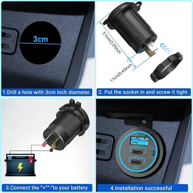 Alt view image 7 of 7 - USB C Car Charger Socket 12V USB Outlet 2 Pack 78W RV USB Outlet Dual 30W PD USB-C and 18W QC3.0 Car USB Port with Button Switch Waterproof for Car RV Boat Marine Truck Motorcycle ect
