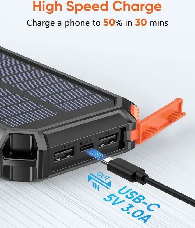 Alt view image 2 of 7 - Riapow Solar Charger Power Bank - 27000mAh Portable Phone Charger with Built-in USB Cables 3.0A Fast Charge Battery Pack, 5 Outputs & 2 Inputs for Smartphone, Tablet