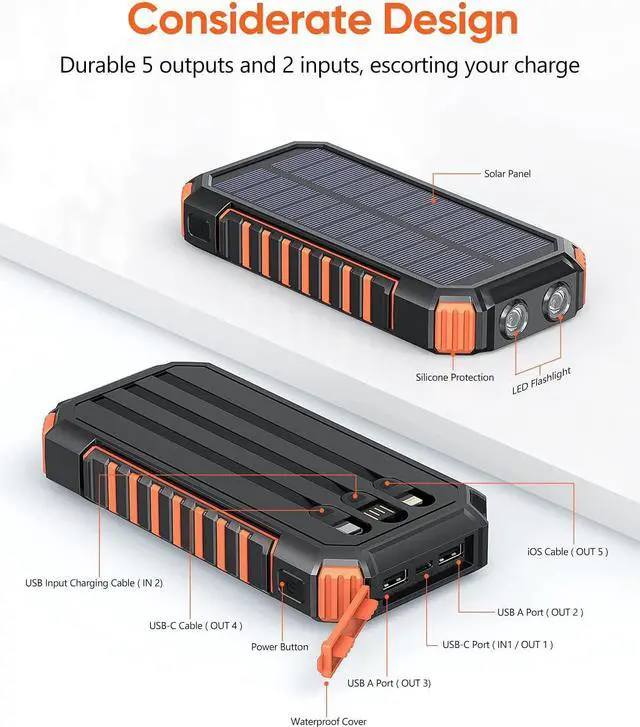 Alt view image 7 of 7 - Riapow Solar Charger Power Bank - 27000mAh Portable Phone Charger with Built-in USB Cables 3.0A Fast Charge Battery Pack, 5 Outputs & 2 Inputs for Smartphone, Tablet