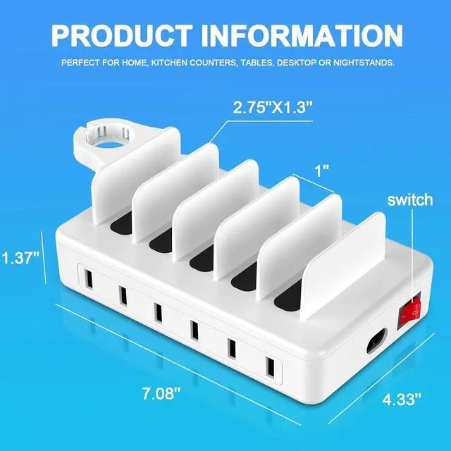 Alt view image 2 of 7 - Charging Station for Multiple Devices 50W 6 Ports Charging Dock with 6 Cables Compatible with Cellphone Tablet Kindle  Watch and Other Electronic