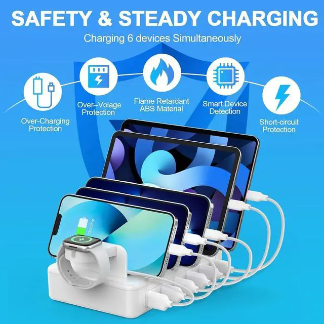 Alt view image 3 of 7 - Charging Station for Multiple Devices 50W 6 Ports Charging Dock with 6 Cables Compatible with Cellphone Tablet Kindle  Watch and Other Electronic