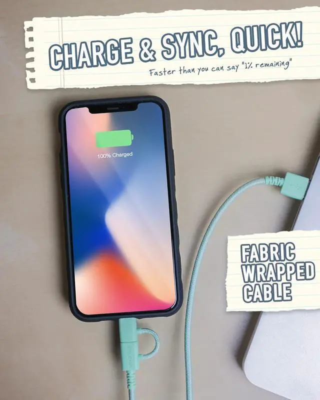 Alt view image 4 of 7 - Smartish USB-C/Lightning Cable for iPhone 15/14 - Crown Joule - 6 Foot Universal Fast Fabric Wrapped Charging Cable w/Micro-USB - Apple MFi Certified for iPhone 13/12/SE/iPad/AirPods/Android - Green