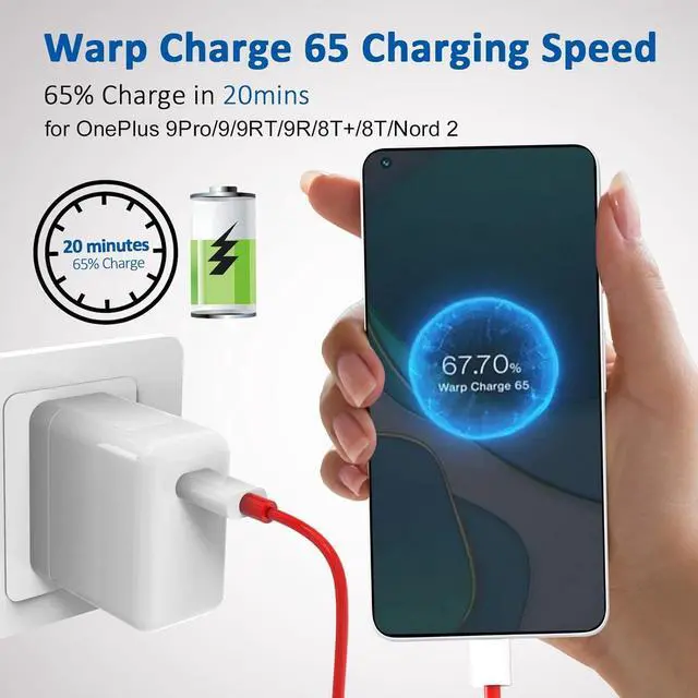 Alt view image 2 of 5 - for OnePlus Warp Charger, 65W Block Replacement for OnePlusNord 2 5G/9 Pro/9RT/9/9R/8T/Realme,10V 6.5 A Warp65 OnePlus Fast Wall Charger Adapter with 3.3 ft USB C Warp Cable