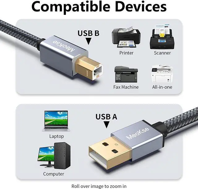 Alt view image 2 of 7 - Printer Cable 25FT USB Printer Cord 2.0 Type A Male to B Male Cable Scanner Cord High Speed Compatible with and More