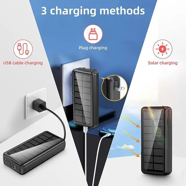 Alt view image 2 of 7 - Portable Charger with Built in Cable and Wall Plug 50000mAh PD30W Fast Charging Solar Power Bank with 5 Output & 2 Input Dual LED Flashlights Phone Holder External Battery Pack (Black)