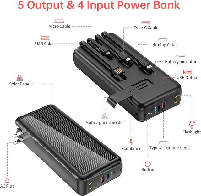 Alt view image 6 of 7 - Portable Charger with Built in Cable and Wall Plug 50000mAh PD30W Fast Charging Solar Power Bank with 5 Output & 2 Input Dual LED Flashlights Phone Holder External Battery Pack (Black)
