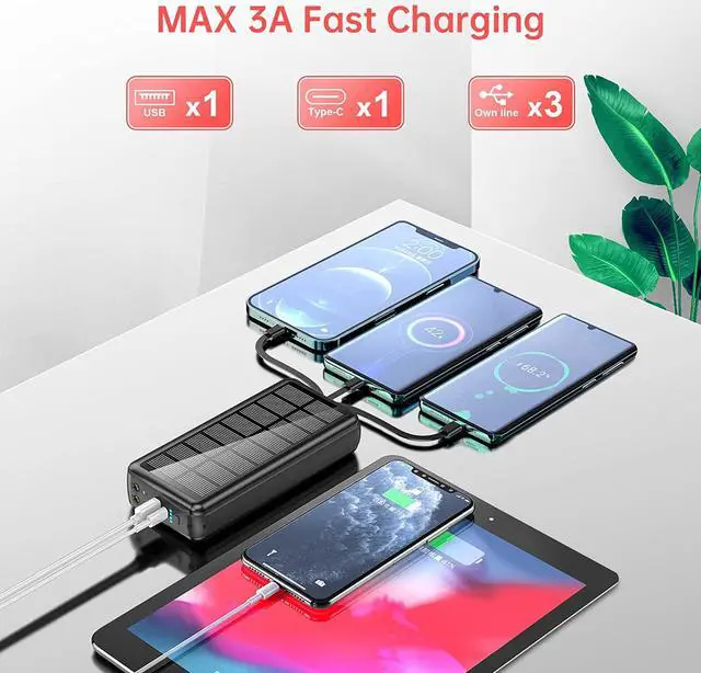 Alt view image 4 of 7 - Portable Charger with Built in Cable and Wall Plug 50000mAh PD30W Fast Charging Solar Power Bank with 5 Output & 2 Input Dual LED Flashlights Phone Holder External Battery Pack (Black)