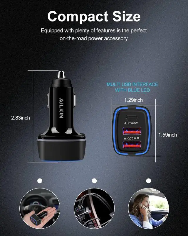 Alt view image 4 of 7 - 56W PD USB C Car Charger Type-C Super Fast Power Charging Block 3-Port USB A & USBC Auto Cargador Carro Lighter Adapter for iPhone iPad  Galaxy LG Google Pixel Moto USB-C&A Port