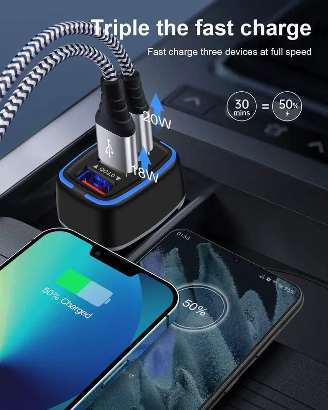 Alt view image 5 of 7 - 56W PD USB C Car Charger Type-C Super Fast Power Charging Block 3-Port USB A & USBC Auto Cargador Carro Lighter Adapter for iPhone iPad  Galaxy LG Google Pixel Moto USB-C&A Port