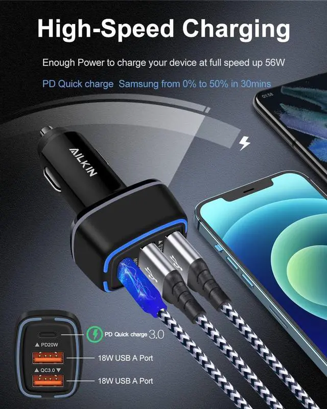 Alt view image 2 of 7 - 56W PD USB C Car Charger Type-C Super Fast Power Charging Block 3-Port USB A & USBC Auto Cargador Carro Lighter Adapter for iPhone iPad  Galaxy LG Google Pixel Moto USB-C&A Port