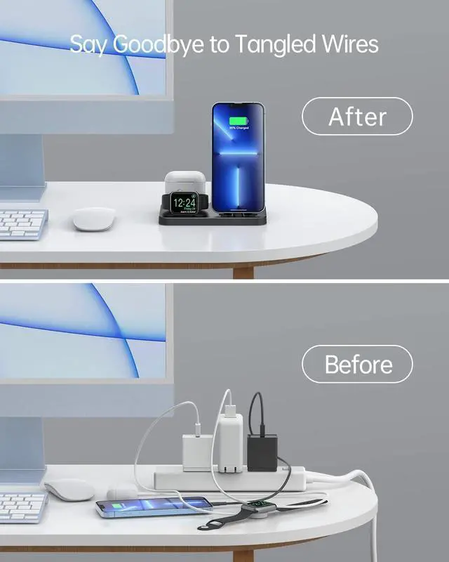 Alt view image 3 of 6 - 3 in 1 Charging Station for Apple Multiple Devices, Foldable and Portable Travel Charging Dock Compatible with iPhone Airpods Apple Watch Charger Stand with Adapter (Black)