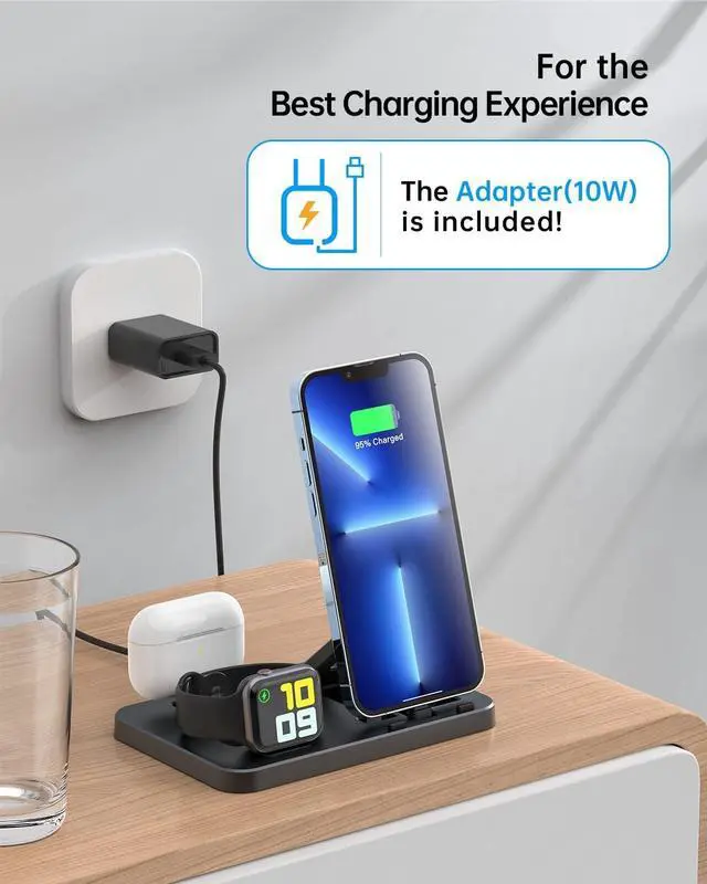 Alt view image 2 of 6 - 3 in 1 Charging Station for Apple Multiple Devices, Foldable and Portable Travel Charging Dock Compatible with iPhone Airpods Apple Watch Charger Stand with Adapter (Black)