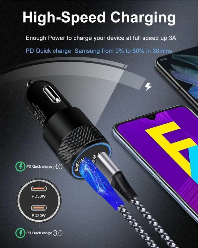 Alt view image 2 of 7 - USB C Car Charger, 60W Cigarette Lighter Flush Adapter, Type C Fast Charging Car Plug Block for iPhone 16 15 14 13 Pro Max, Galaxy S25 S24 S23 Ultra, Pixel 9 8 7 6 Pro LG Stylo, Automobile USB PD Port