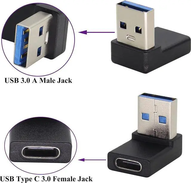 Alt view image 3 of 7 - Right Angle USB 3.0 A to USB C Adapter 90 Degree USB 3.0 A Male to USB Type C Female Converter (OTG) for PC Laptops Power Banks Chargers More USB and Type-C Devices (2 Pack-Black/Up)
