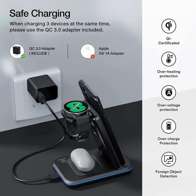Alt view image 6 of 6 - Wireless Charger for Samsung, HOLYJOY 3 in 1 Qi-Certificate Fast Charging Station/Dock Compatible with Samsung Galaxy S21/S20/Note 20/Note 10, Galaxy Watch 5/4/3/Active 2/1/LTE, Buds+/Live (Black)