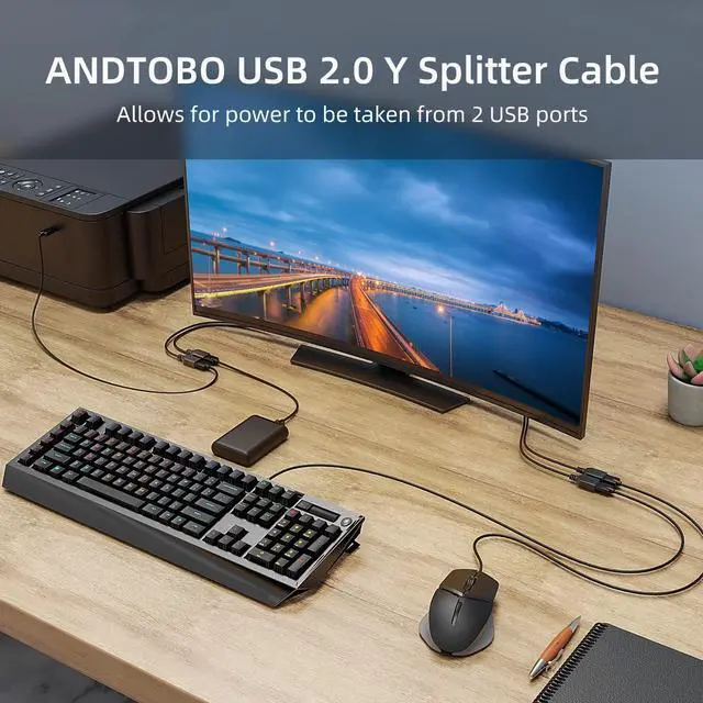 Alt view image 6 of 6 - USB Splitter Y Cable, USB 2.0 1 Male to 2 Female Splitter Hub Power Cord Extension Adapter Cable for PC/Car/Laptop/U Disk, etc