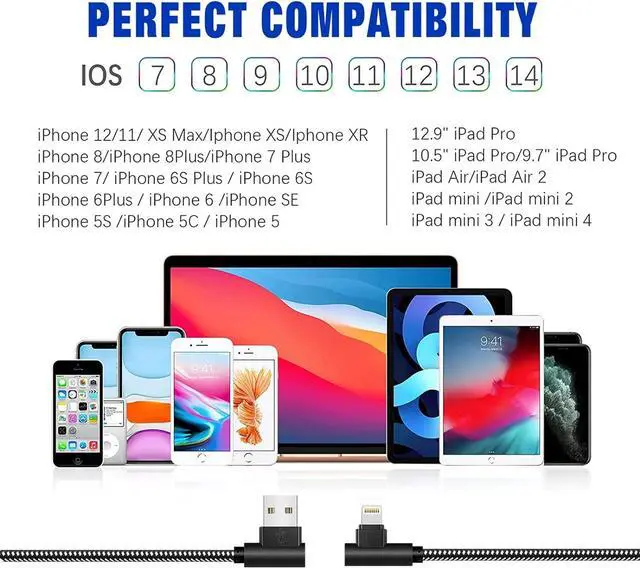 Alt view image 7 of 7 - OCEEK iPhone Charger [MFi Certified] 3 Pack (3/6/10FT) Nylon Braided Lightning Cable Right Angle Fast Charging Cords Compatible with iPhone 14/13/12/11/ Xs/XS Max/XR/X/8/8 Plus/7/7 Plus iPad iPod