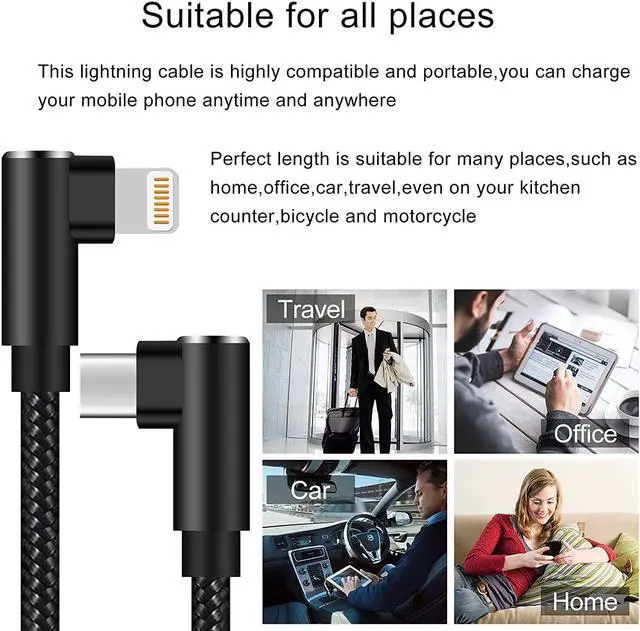 Alt view image 7 of 7 - USB C to Lightning Cable 3ft MFi Certified 3 Pack 90 Degree iPhone Charger Nylon Braided Right Angle Lightning to USB C PD Fast Charging Cable for iPhone 13 12 11 Pro X XS XR 8 Plus 7 6 5(Black)