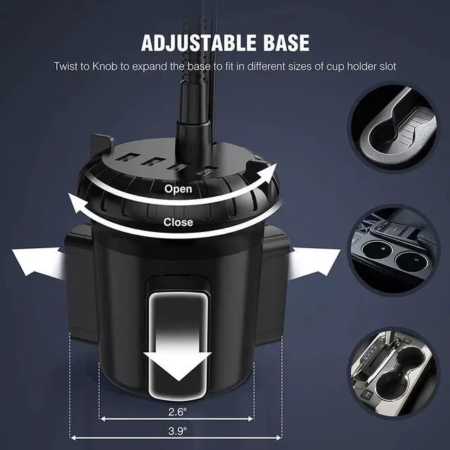 Alt view image 3 of 7 - 4-Port USB Car Charger with Cup Holder Phone Mount, Rapid Multi Port Charger, Adjustable Gooseneck Rotatable Holder for Smartphones