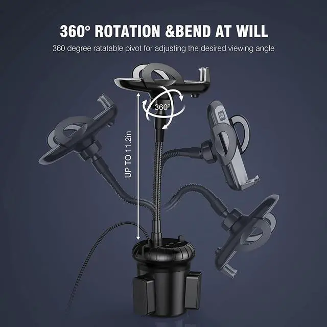 Alt view image 4 of 7 - 4-Port USB Car Charger with Cup Holder Phone Mount, Rapid Multi Port Charger, Adjustable Gooseneck Rotatable Holder for Smartphones