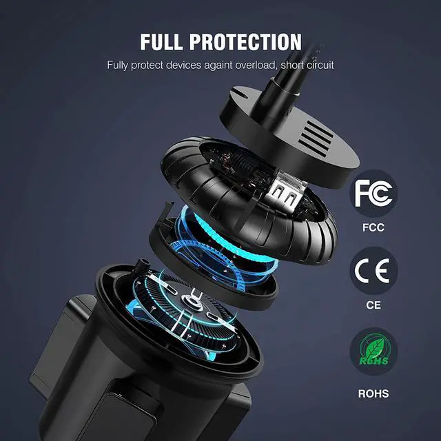 Alt view image 7 of 7 - 4-Port USB Car Charger with Cup Holder Phone Mount, Rapid Multi Port Charger, Adjustable Gooseneck Rotatable Holder for Smartphones