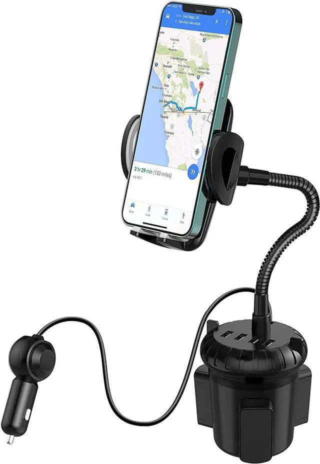 Main image of 4-Port USB Car Charger with Cup Holder Phone Mount, Rapid Multi Port Charger, Adjustable Gooseneck Rotatable Holder for Smartphones