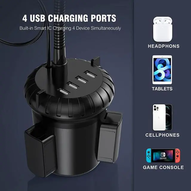 Alt view image 2 of 7 - 4-Port USB Car Charger with Cup Holder Phone Mount, Rapid Multi Port Charger, Adjustable Gooseneck Rotatable Holder for Smartphones