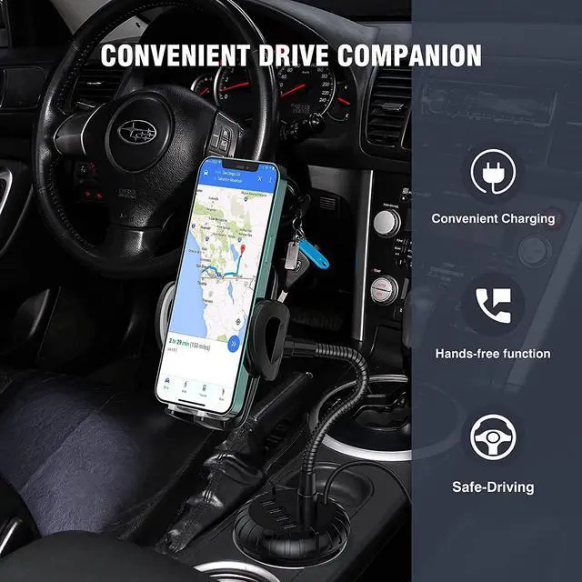 Alt view image 6 of 7 - 4-Port USB Car Charger with Cup Holder Phone Mount, Rapid Multi Port Charger, Adjustable Gooseneck Rotatable Holder for Smartphones