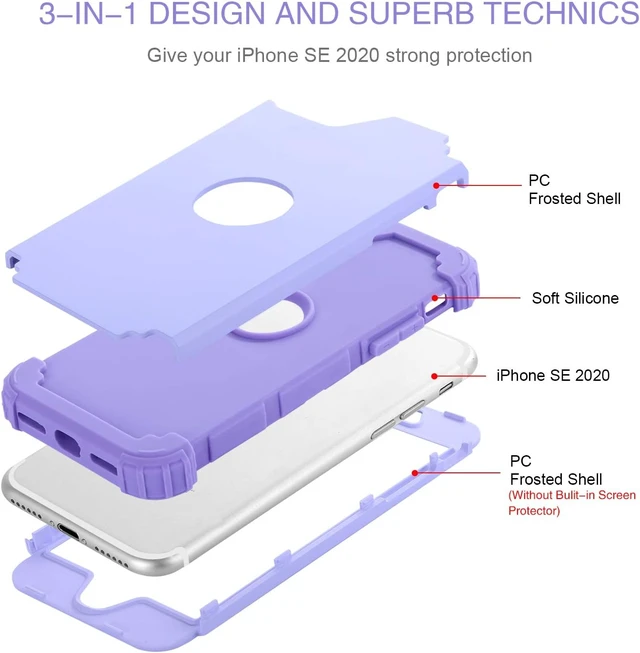 Alt view image 2 of 7 - for iPhone SE 2022 Case and iPhone SE 2020 Case Heavy Duty 3 in 1 Full Body Rugged Shockproof Hybrid Hard PC Soft Rubber Case for iPhone SE 3rd/2nd Gen Light Purple/Lavender
