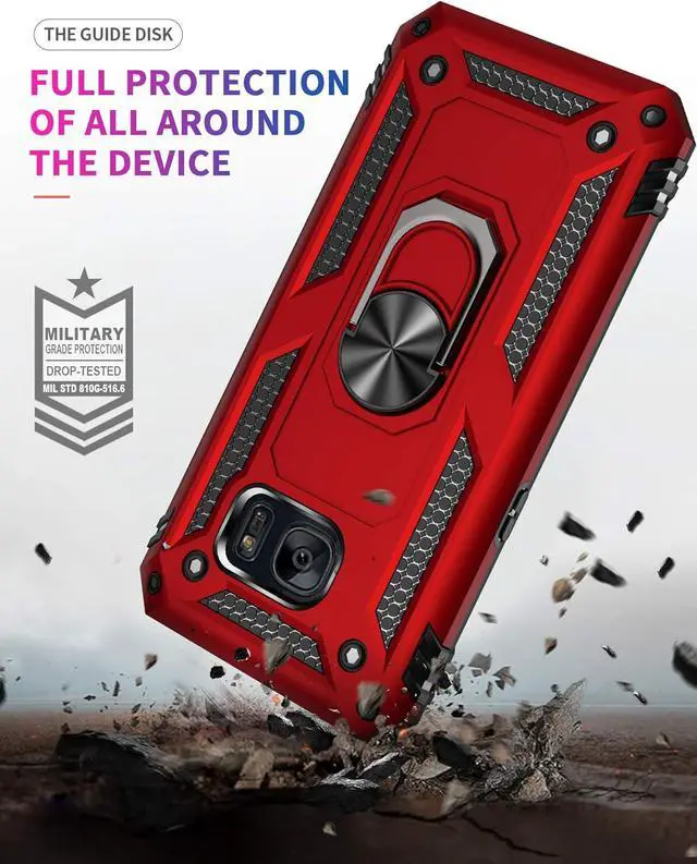 Alt view image 6 of 7 - Androgate for Samsung Galaxy S7 Case with HD Screen Protectors, Military-Grade Metal Ring Holder Kickstand 15ft Drop Tested Shockproof Cover Case for Samsung Galaxy S7 Red
