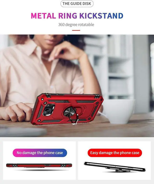 Alt view image 4 of 7 - Androgate for Samsung Galaxy S7 Case with HD Screen Protectors, Military-Grade Metal Ring Holder Kickstand 15ft Drop Tested Shockproof Cover Case for Samsung Galaxy S7 Red