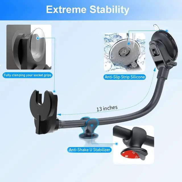 Alt view image 4 of 7 - 2 in 1 Vent and Windshield Car Phone Mount for Collapsible Grip/Socket Mount User,Dashboard Phone Holder with Strong Suction Cup,13-Inches Long Arm Gooseneck Cell Phone Cradle for Swappable Grip Stand