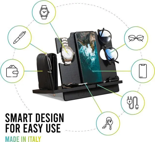 Alt view image 6 of 7 - LAC Wood Phone Docking Station Ash Key Holder Wallet Stand Watch Organizer Men Gift Husband Wife Anniversary Dad Birthday Nightstand Father Graduation Gadgets Compatible with iPhone iWatch AirPods