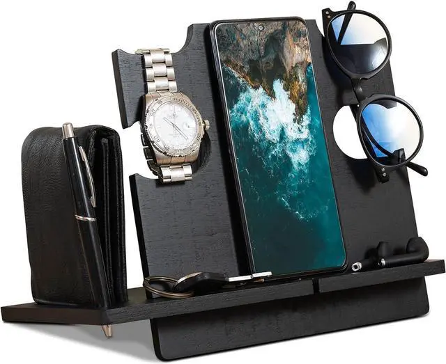 Main image of LAC Wood Phone Docking Station Ash Key Holder Wallet Stand Watch Organizer Men Gift Husband Wife Anniversary Dad Birthday Nightstand Father Graduation Gadgets Compatible with iPhone iWatch AirPods