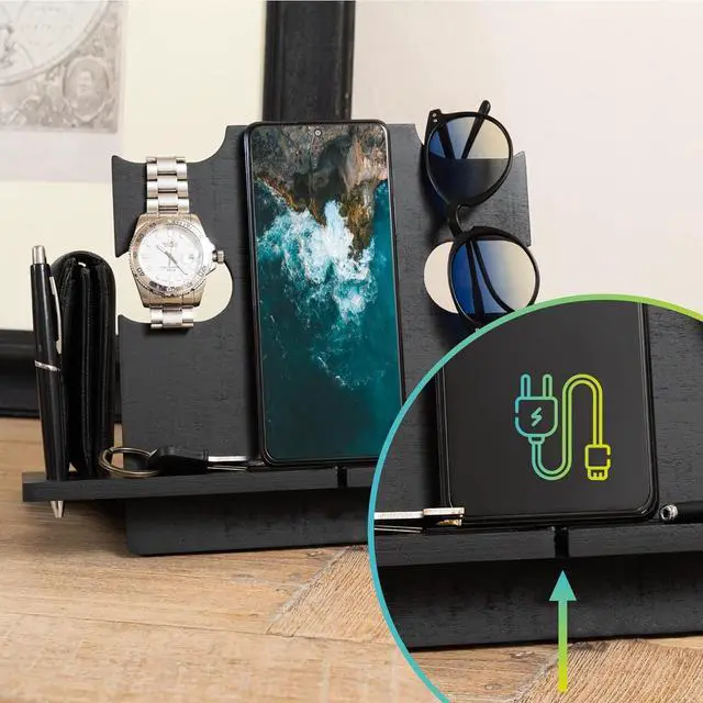 Alt view image 5 of 7 - LAC Wood Phone Docking Station Ash Key Holder Wallet Stand Watch Organizer Men Gift Husband Wife Anniversary Dad Birthday Nightstand Father Graduation Gadgets Compatible with iPhone iWatch AirPods